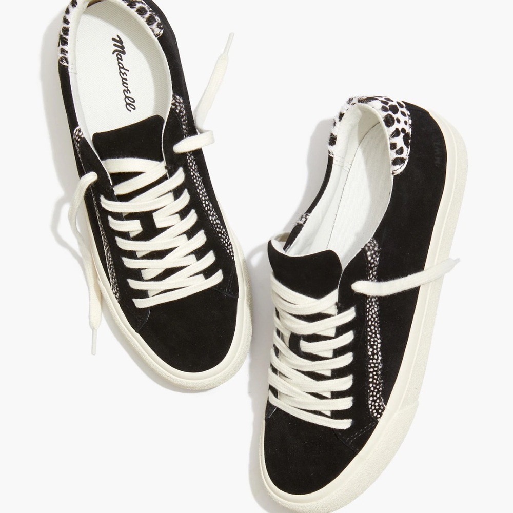 Madewell Sidewalk Low-Top Sneakers in Black Suede and Spot Calf Hair Size 5.5
